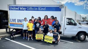 donation truck and volunteers
